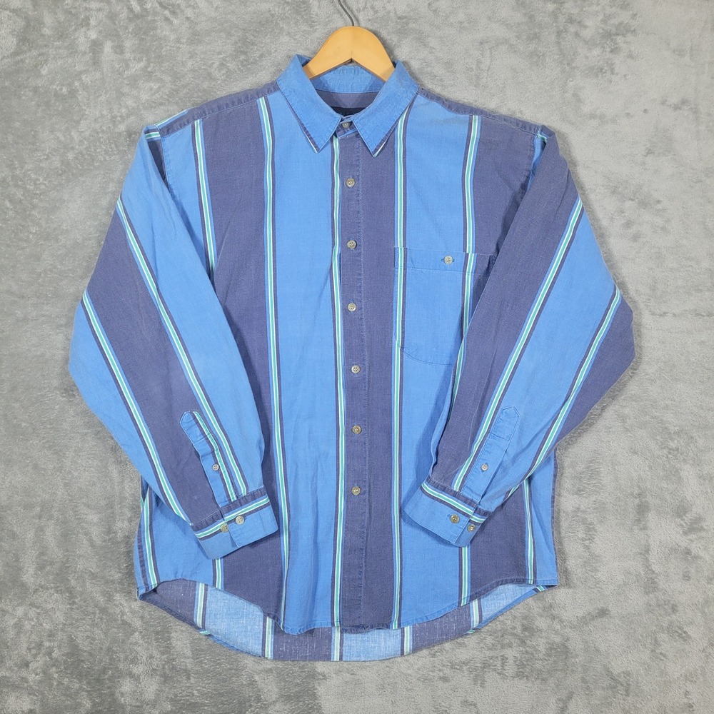 Vintage Santana Button Up Mens L Blue Vertical Stripe Long Sleeve Casual Shirt